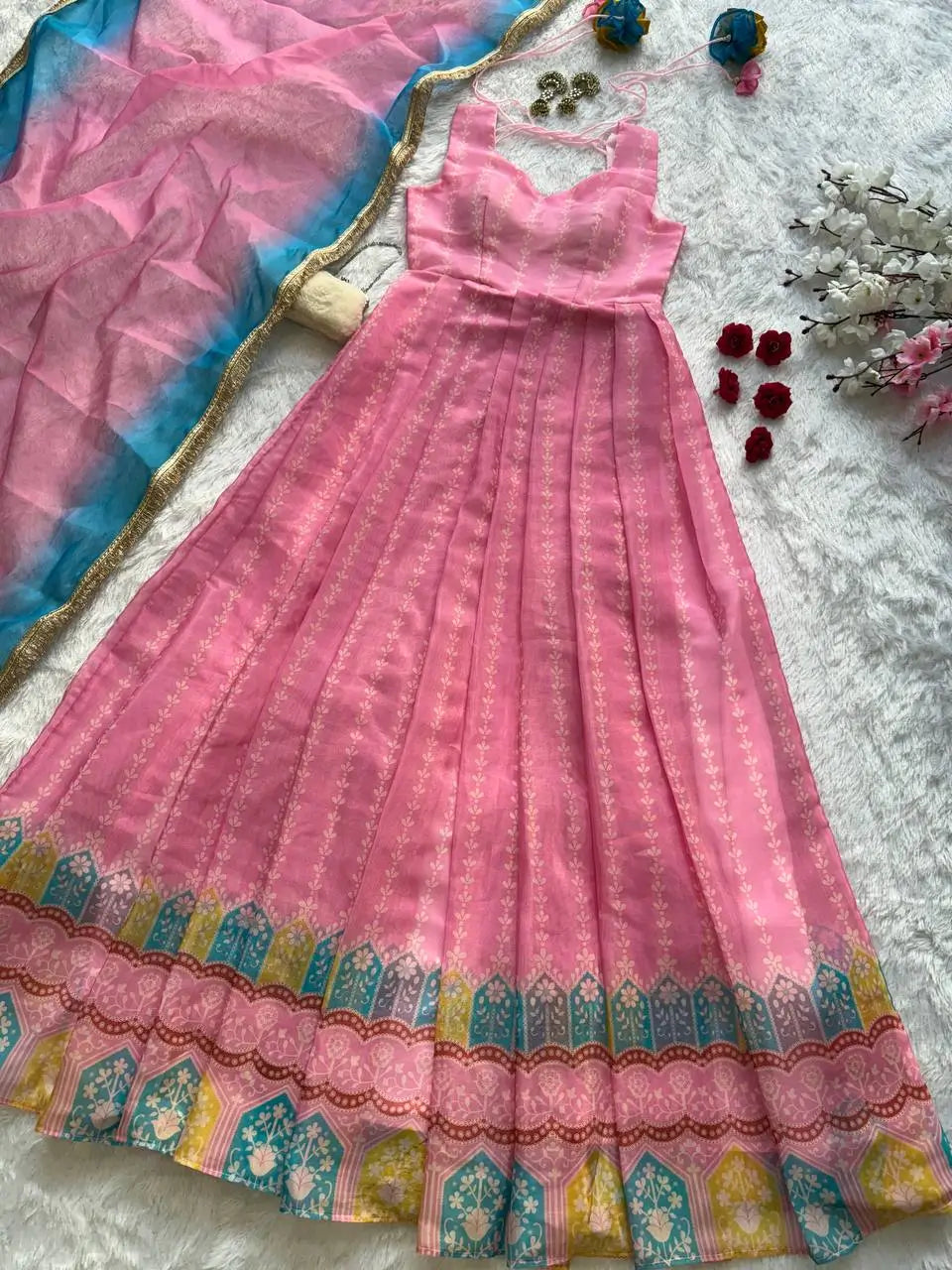 Organza Silk Digital Print Anarkali Gown with Dupatta