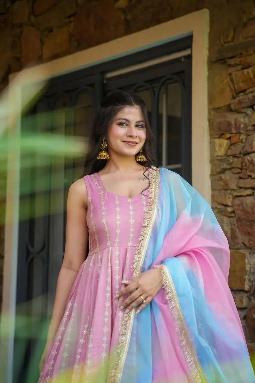 Organza Silk Digital Print Anarkali Gown with Dupatta