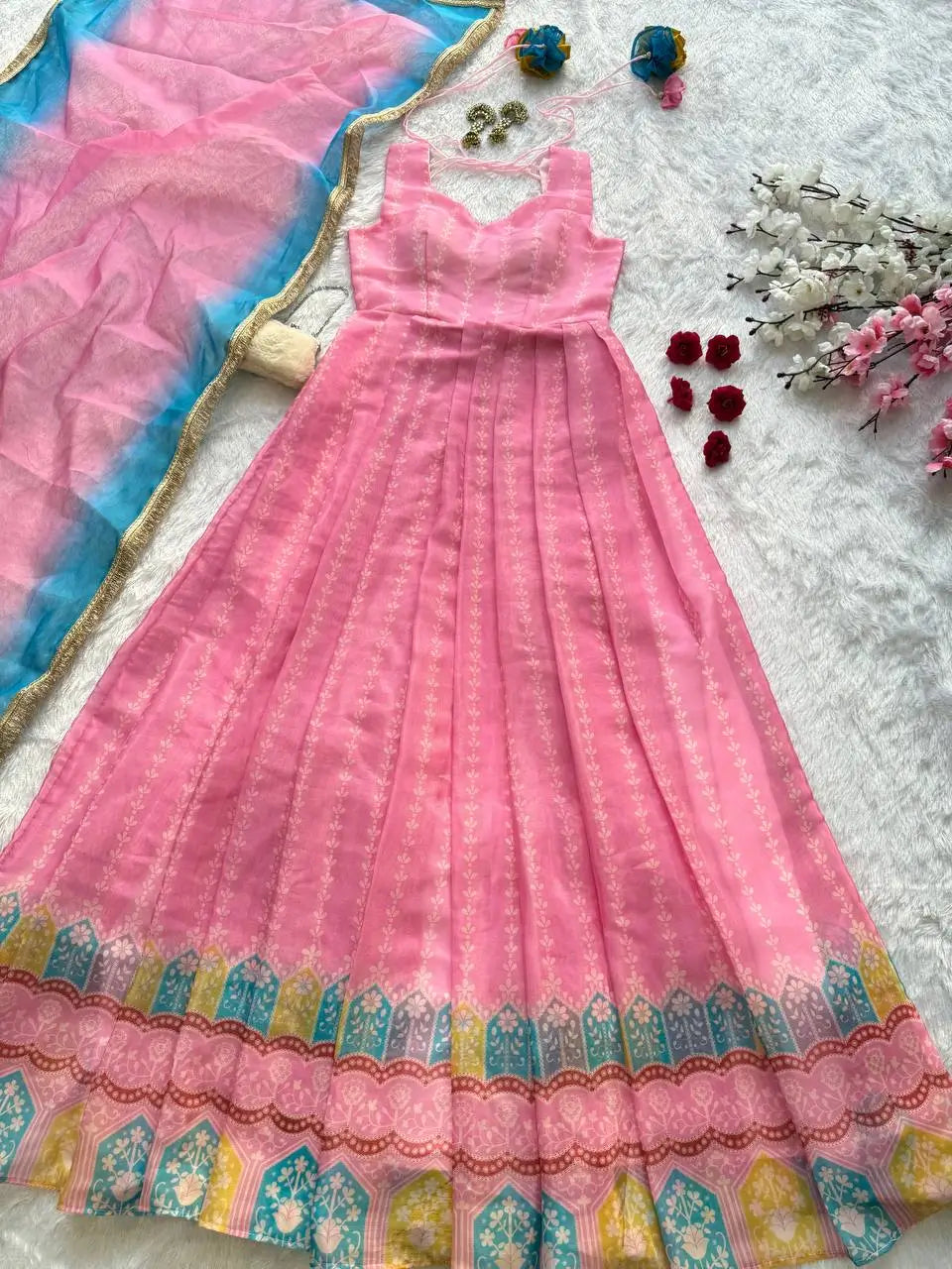 Organza Silk Digital Print Anarkali Gown with Dupatta