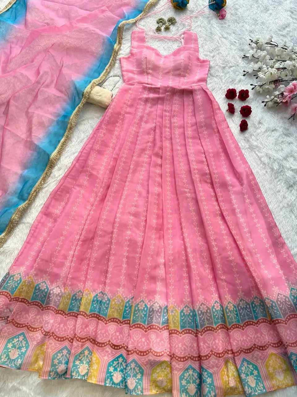 Organza Silk Digital Print Anarkali Gown with Dupatta
