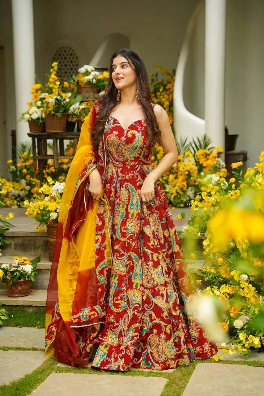 Organza Silk Digital Print Anarkali Gown with Dupatta