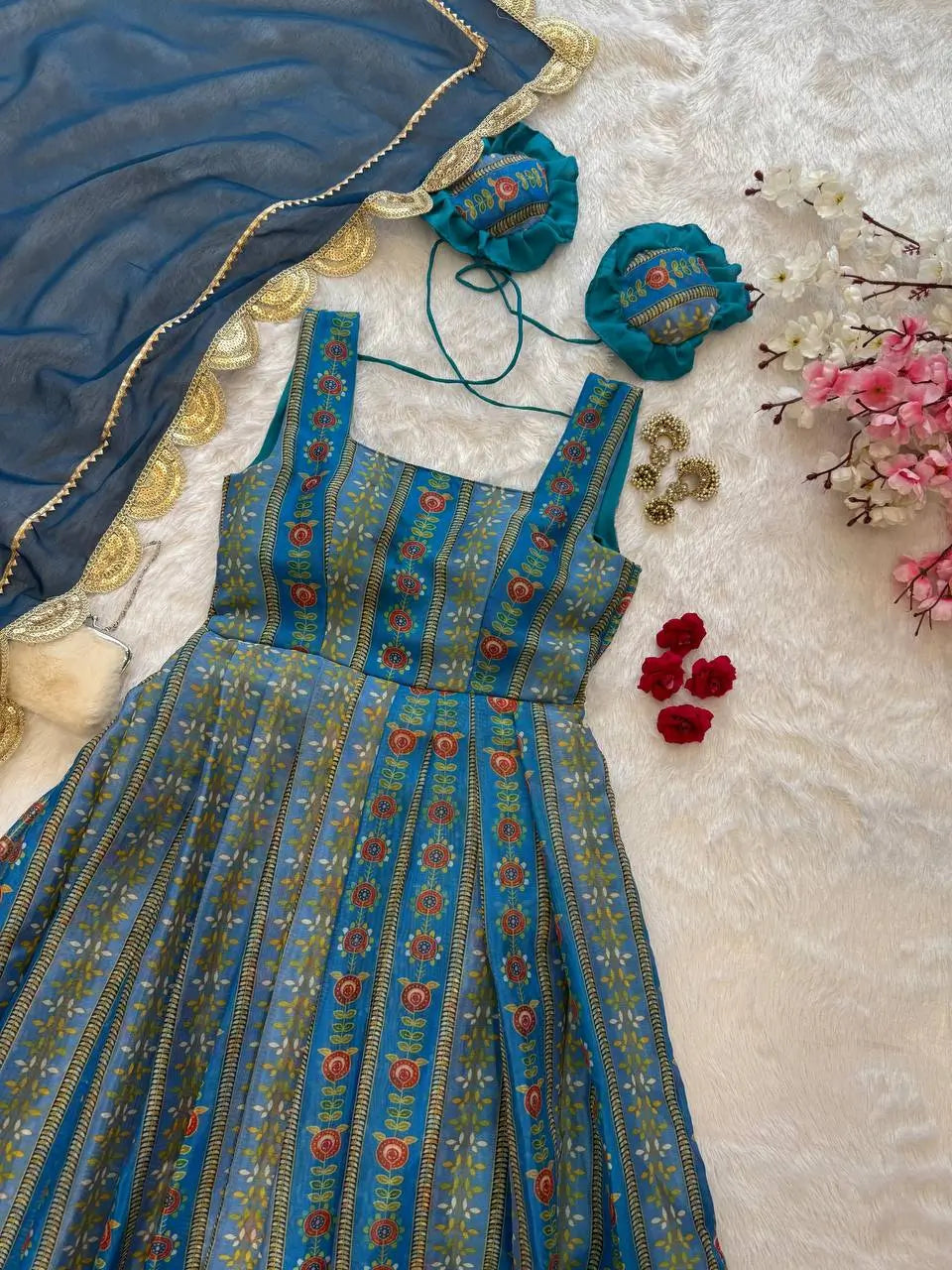 Organza Silk Digital Print Anarkali Gown with Dupatta