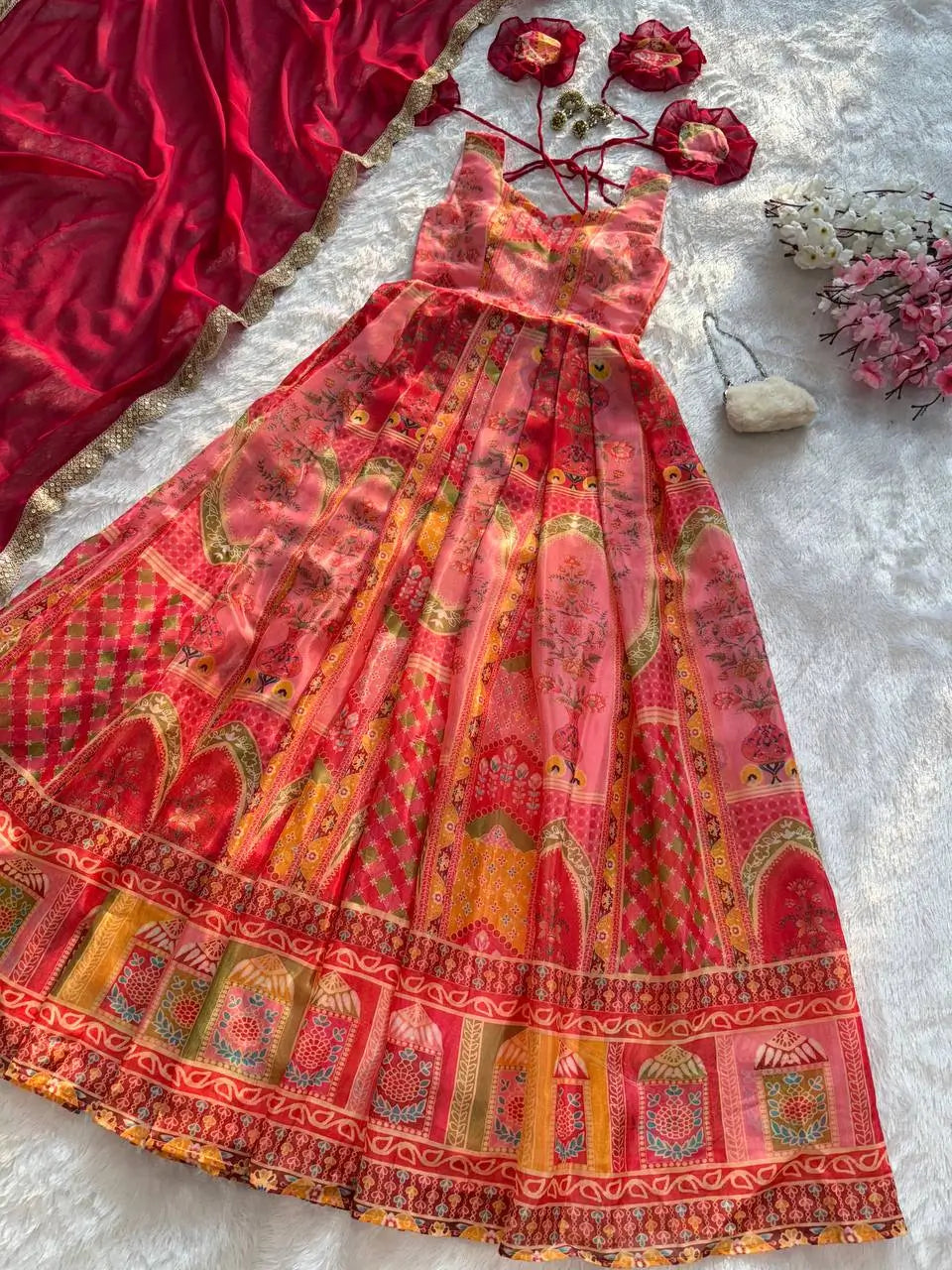 Organza Silk Digital Print Anarkali Gown with Dupatta