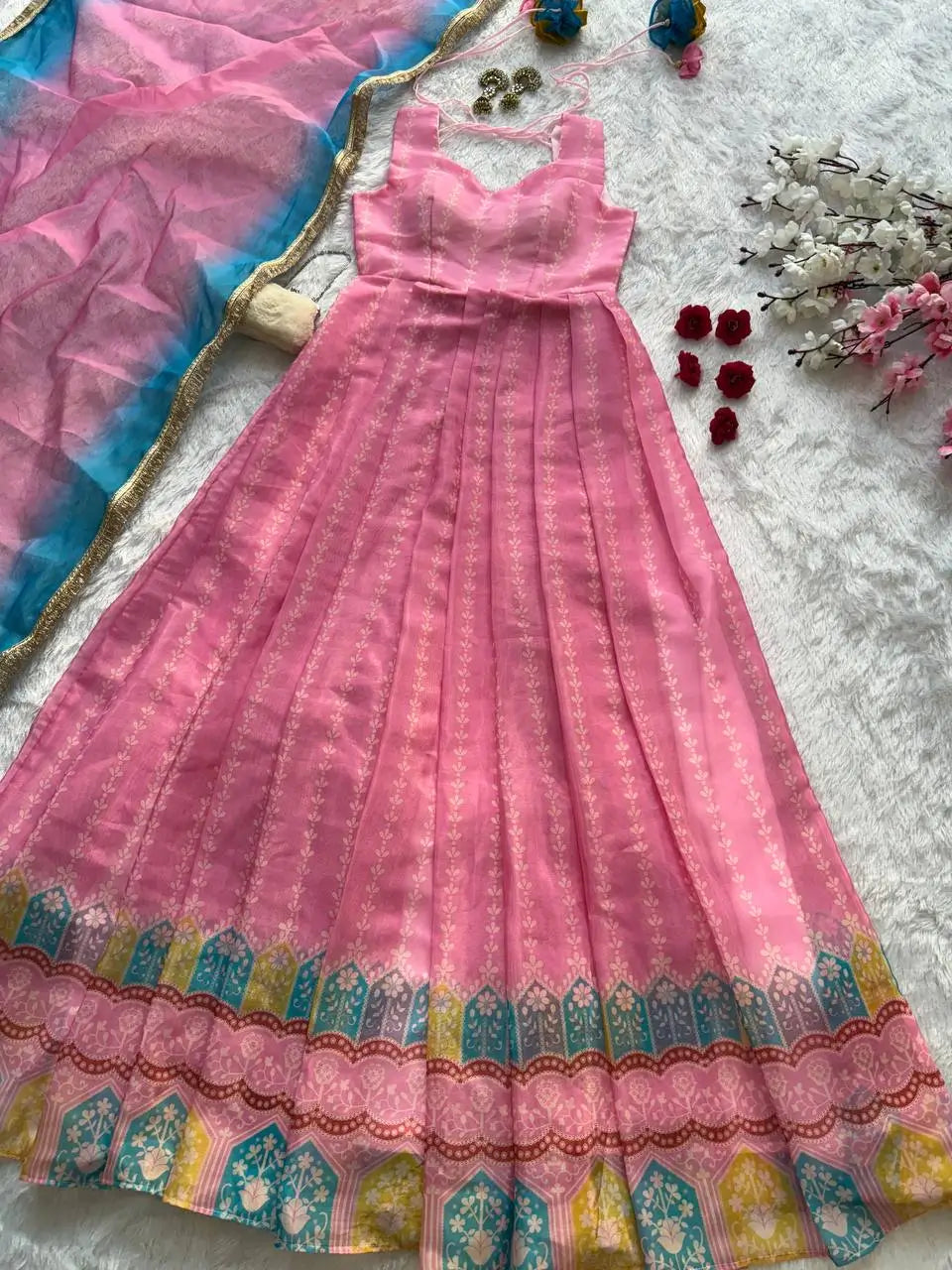 Organza Silk Digital Print Anarkali Gown with Dupatta