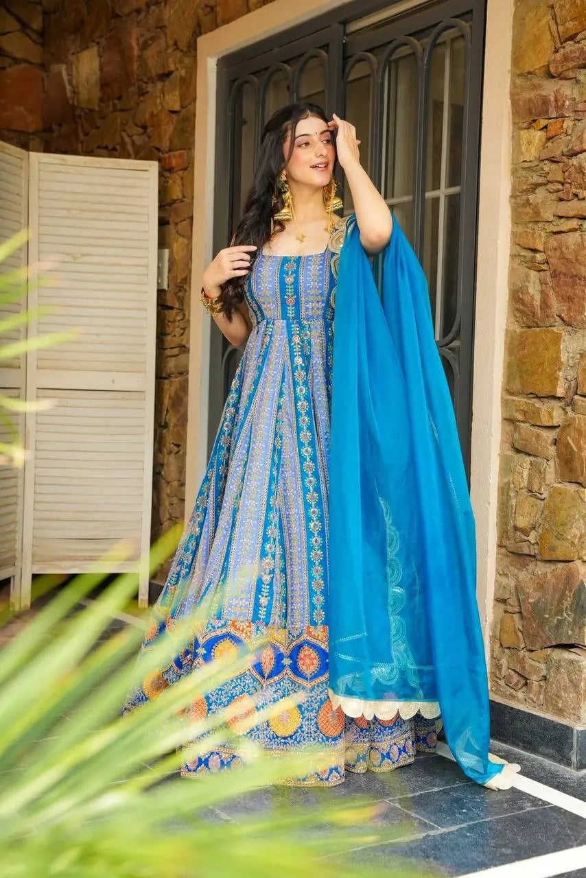Organza Silk Digital Print Anarkali Gown with Dupatta