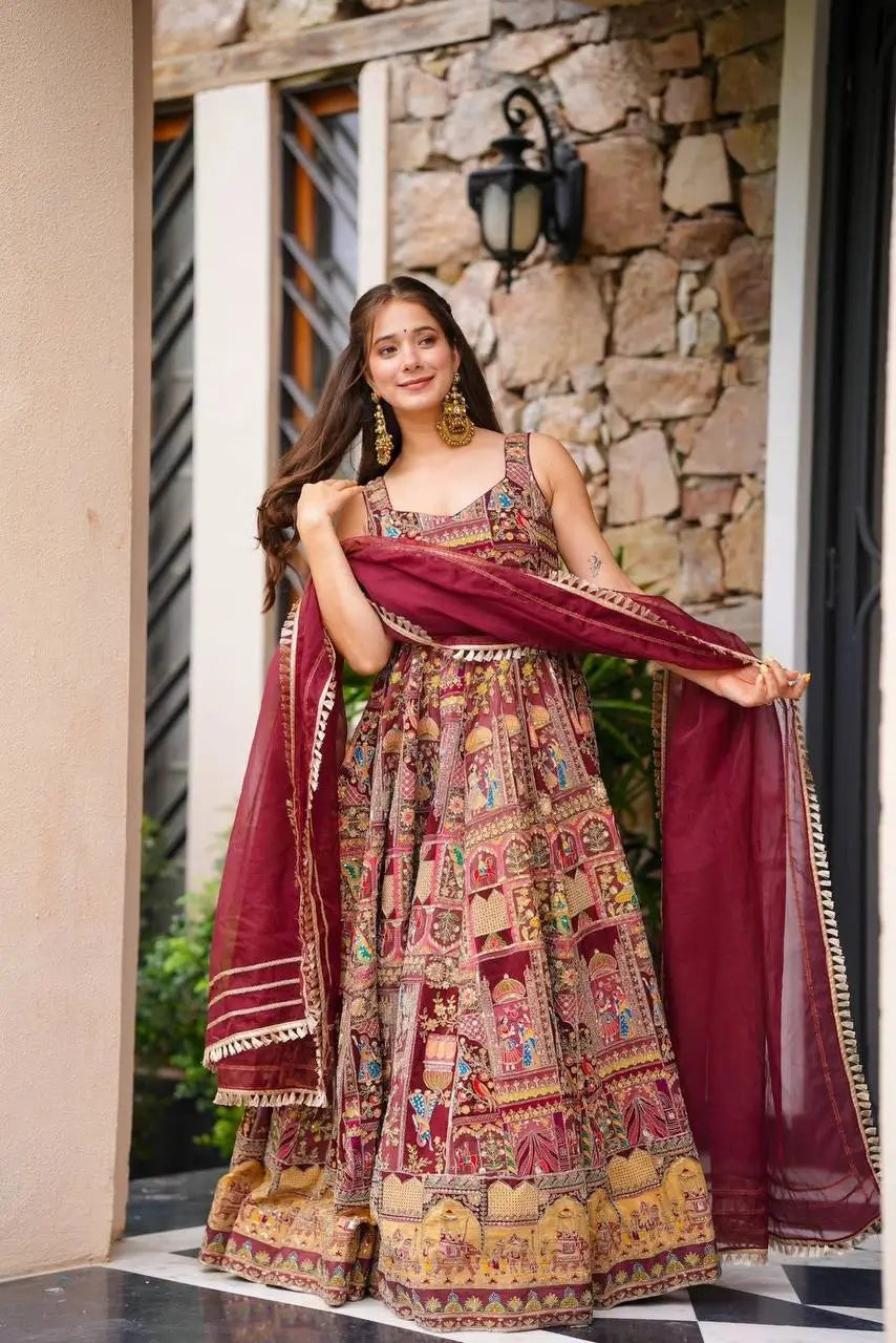 Organza Silk Digital Print Anarkali Gown with Dupatta