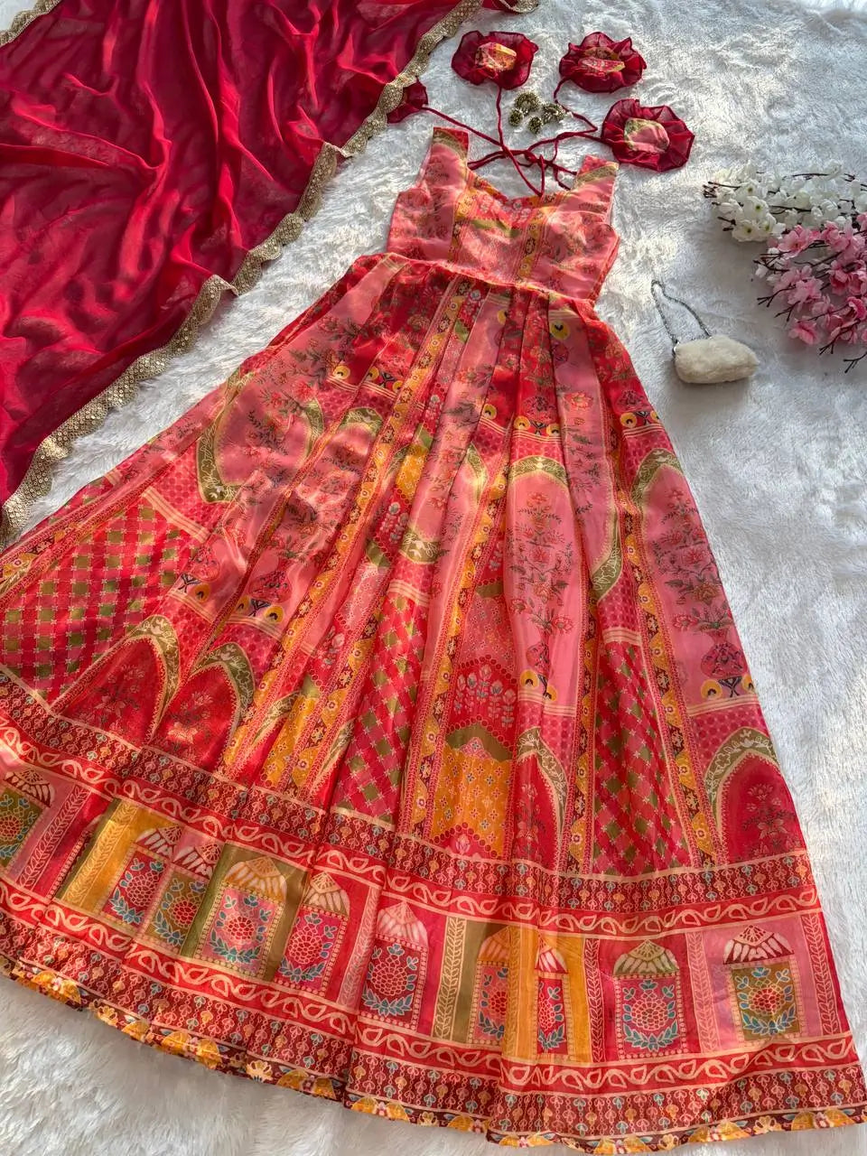 Organza Silk Digital Print Anarkali Gown with Dupatta
