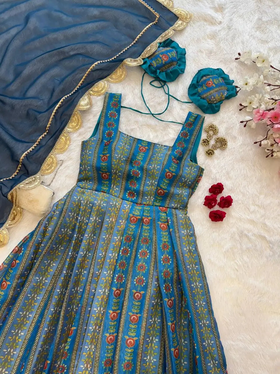 Organza Silk Digital Print Anarkali Gown with Dupatta