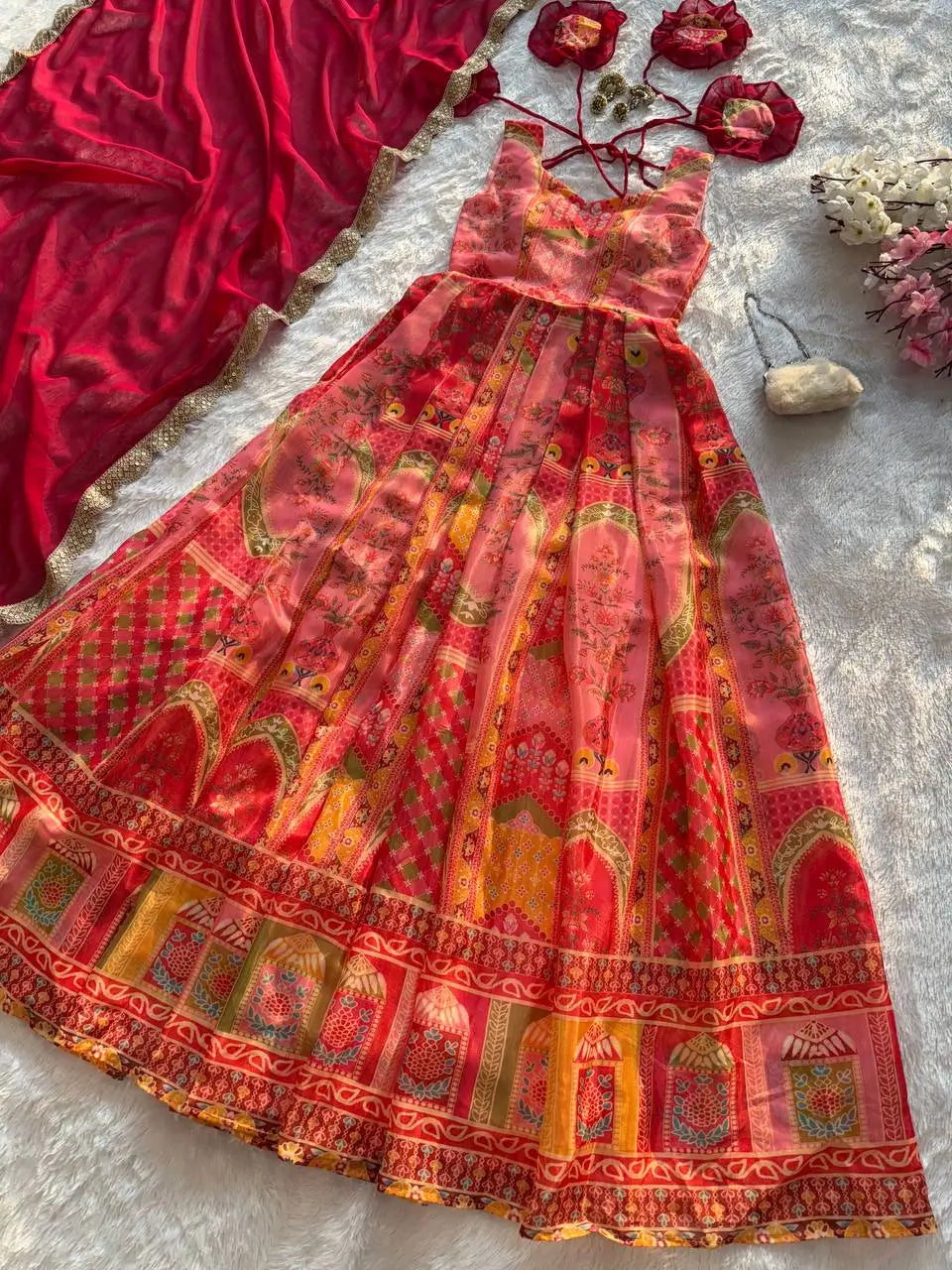 Organza Silk Digital Print Anarkali Gown with Dupatta