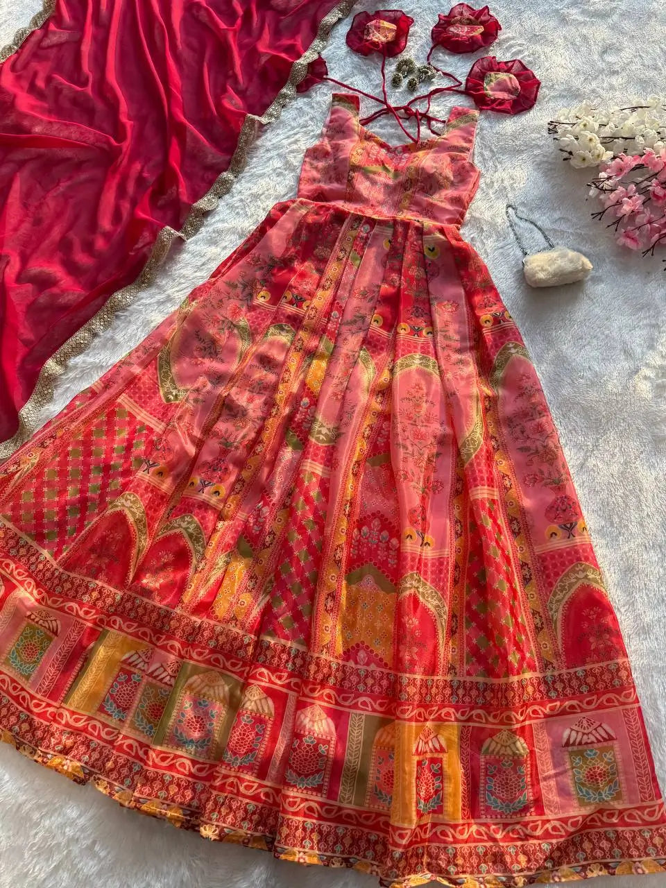 Organza Silk Digital Print Anarkali Gown with Dupatta