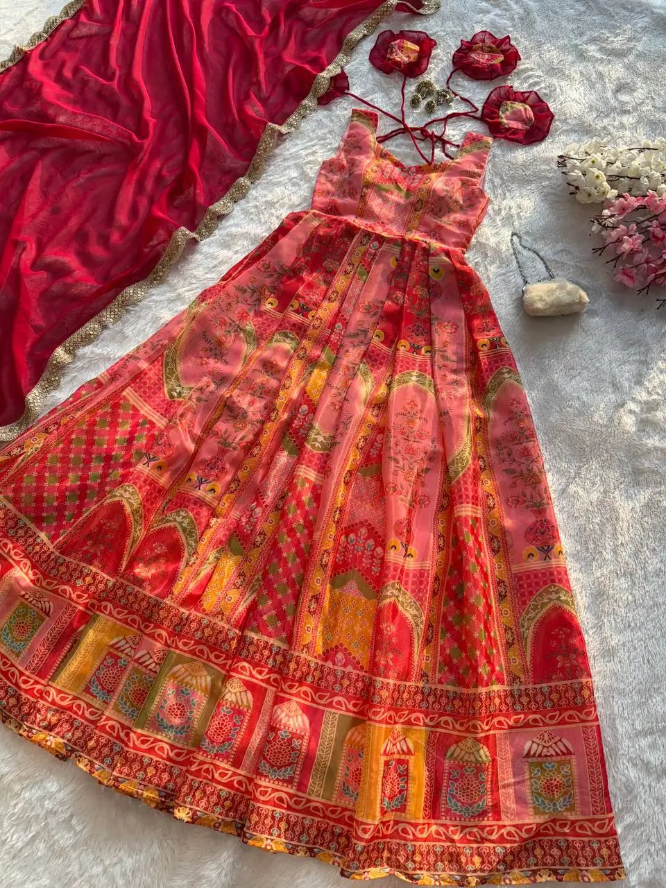Organza Silk Digital Print Anarkali Gown with Dupatta