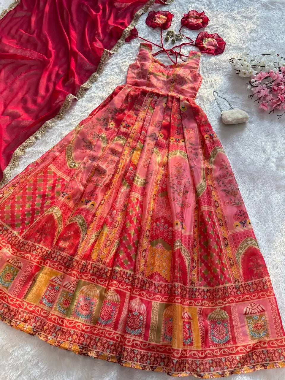 Organza Silk Digital Print Anarkali Gown with Dupatta