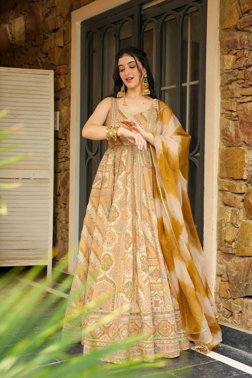 Organza Silk Digital Print Anarkali Gown with Dupatta