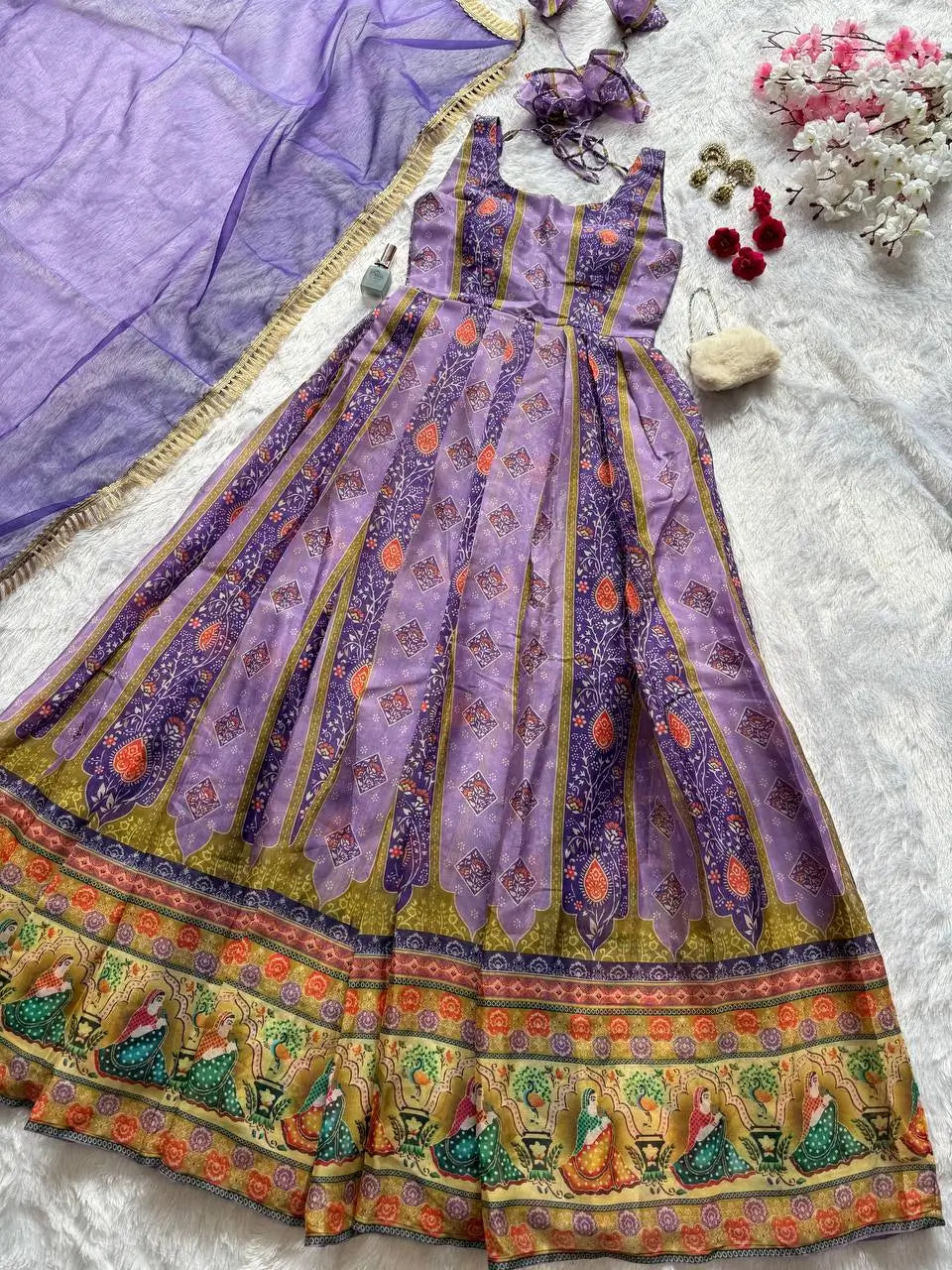Organza Silk Digital Print Anarkali Gown with Dupatta