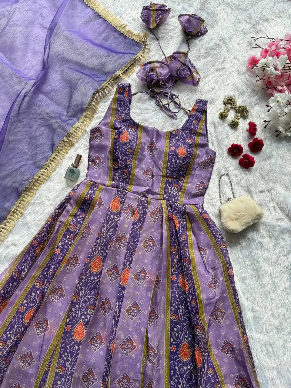 Organza Silk Digital Print Anarkali Gown with Dupatta