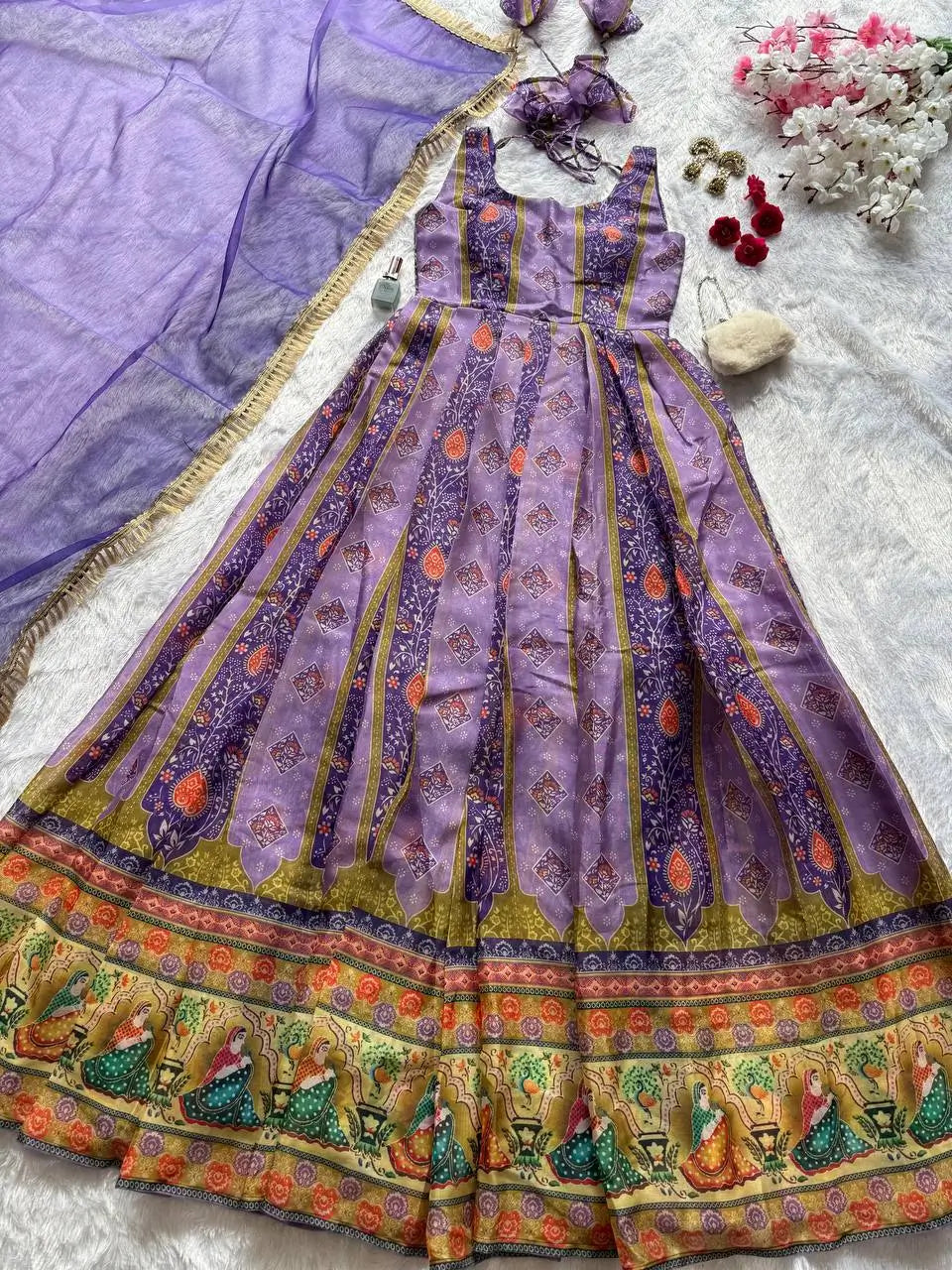 Organza Silk Digital Print Anarkali Gown with Dupatta