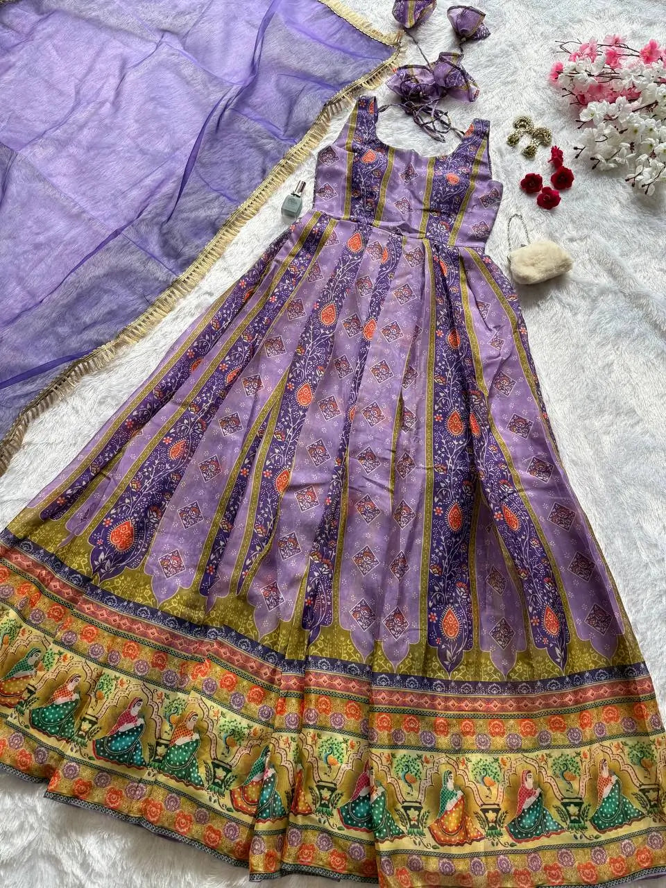 Organza Silk Digital Print Anarkali Gown with Dupatta