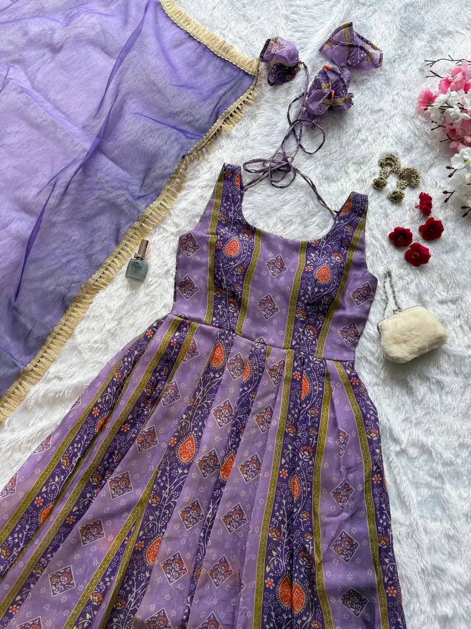 Organza Silk Digital Print Anarkali Gown with Dupatta