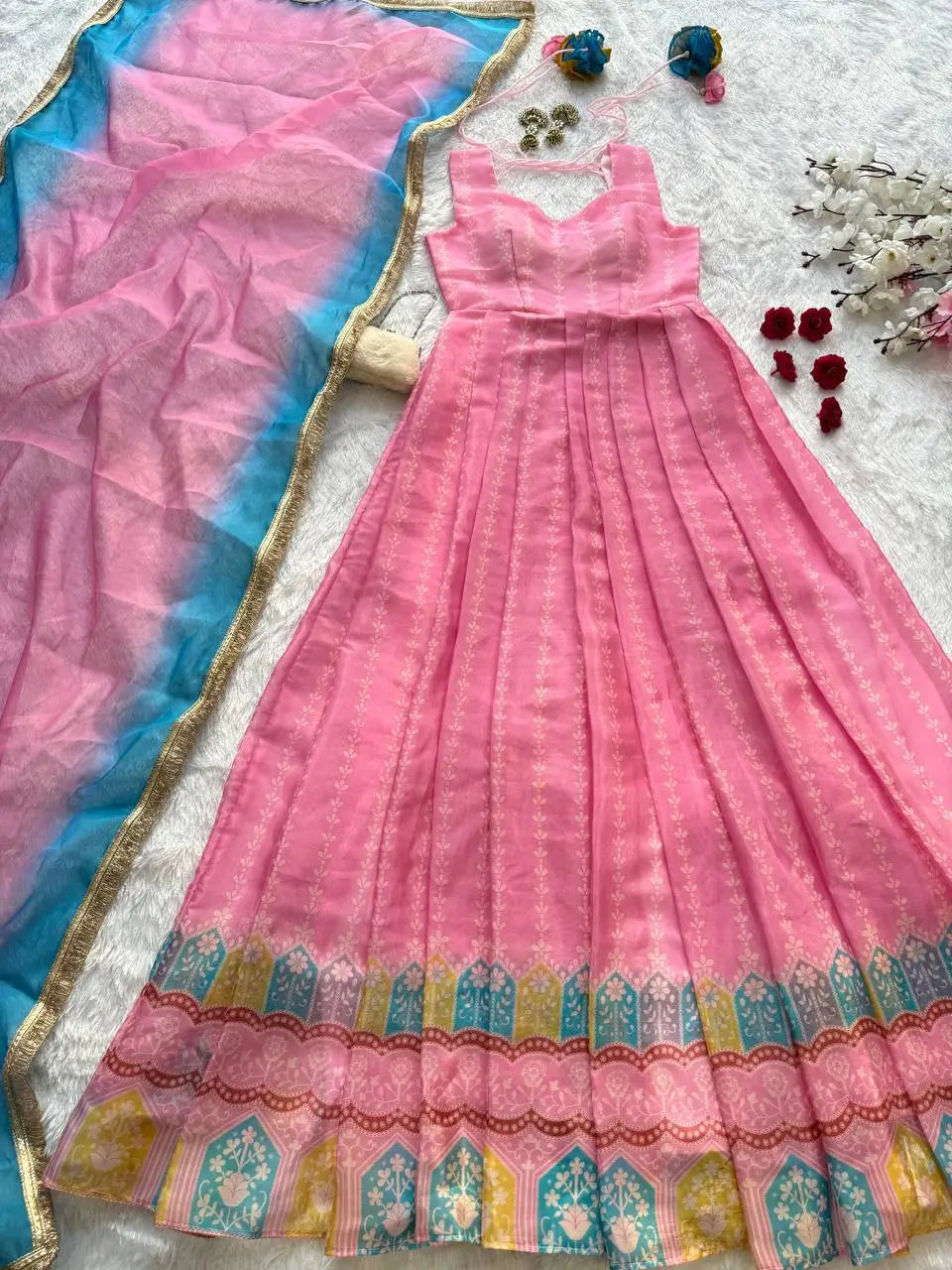 Organza Silk Digital Print Anarkali Gown with Dupatta