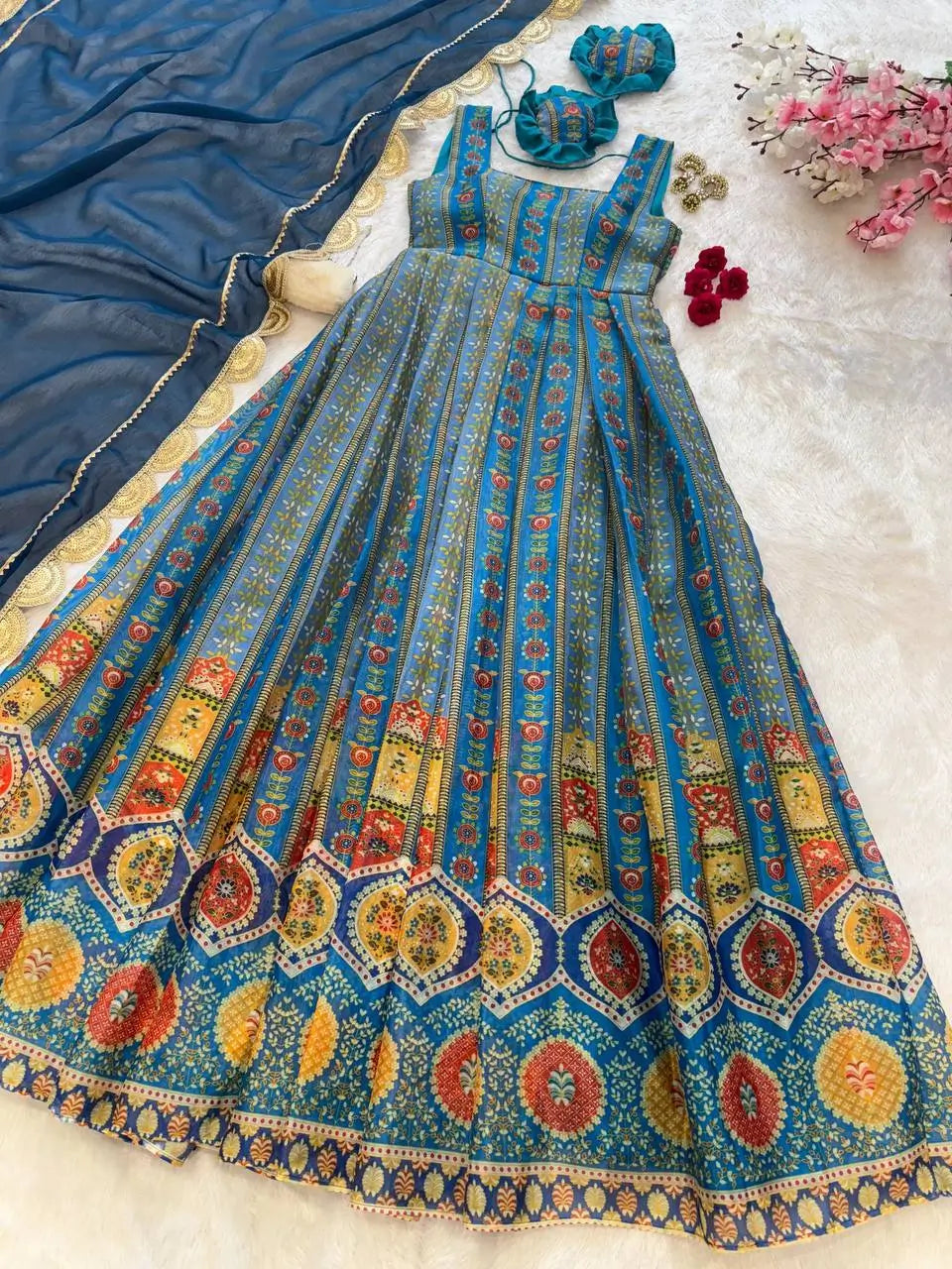 Organza Silk Digital Print Anarkali Gown with Dupatta