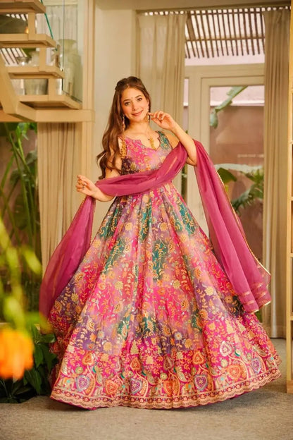 Organza Silk Digital Print Anarkali Gown with Dupatta