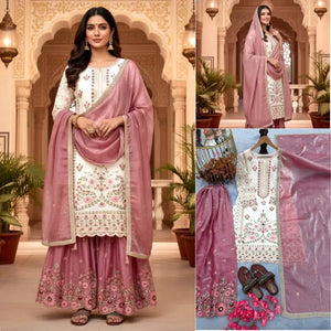 Organza Silk Embroidered Kurta Palazzo Set with Dupatta