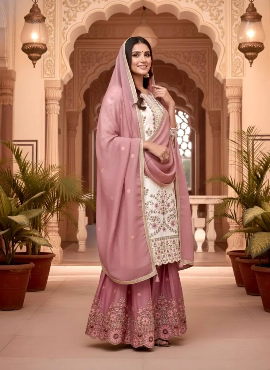 Organza Silk Embroidered Kurta Palazzo Set with Dupatta