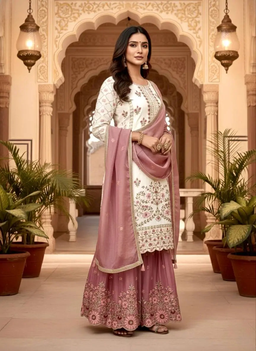 Organza Silk Embroidered Kurta Palazzo Set with Dupatta