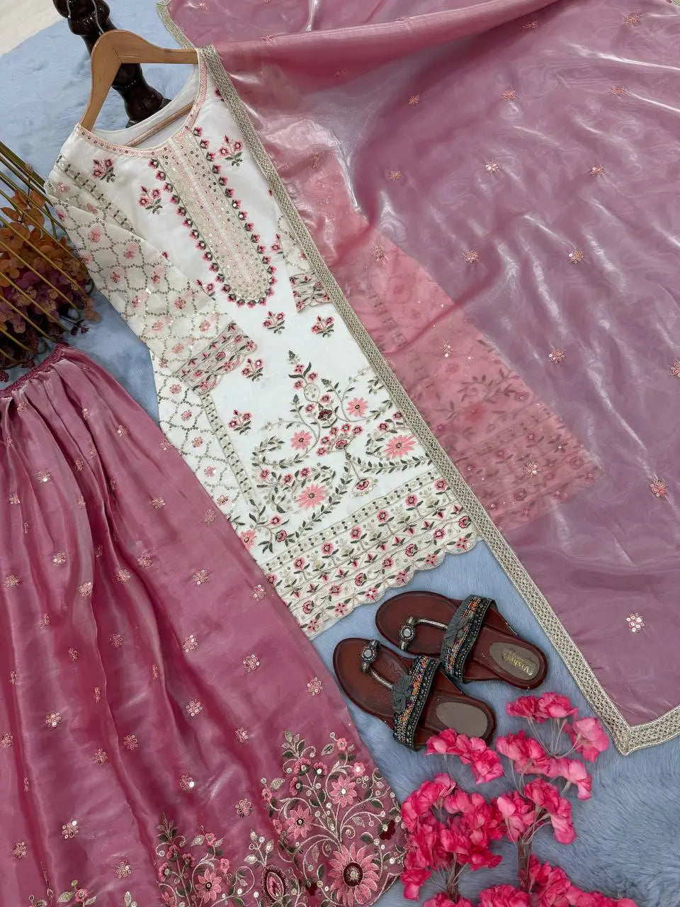 Organza Silk Embroidered Kurta Palazzo Set with Dupatta