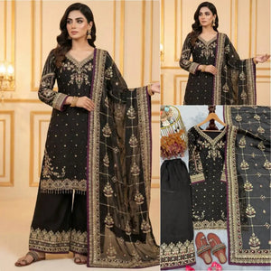 Organza Silk Embroidered Kurta Palazzo Suit Set