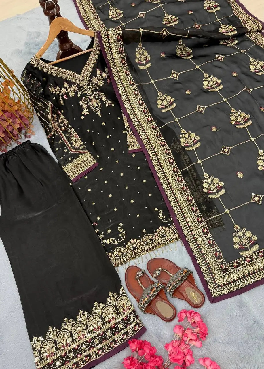 Organza Silk Embroidered Kurta Palazzo Suit Set