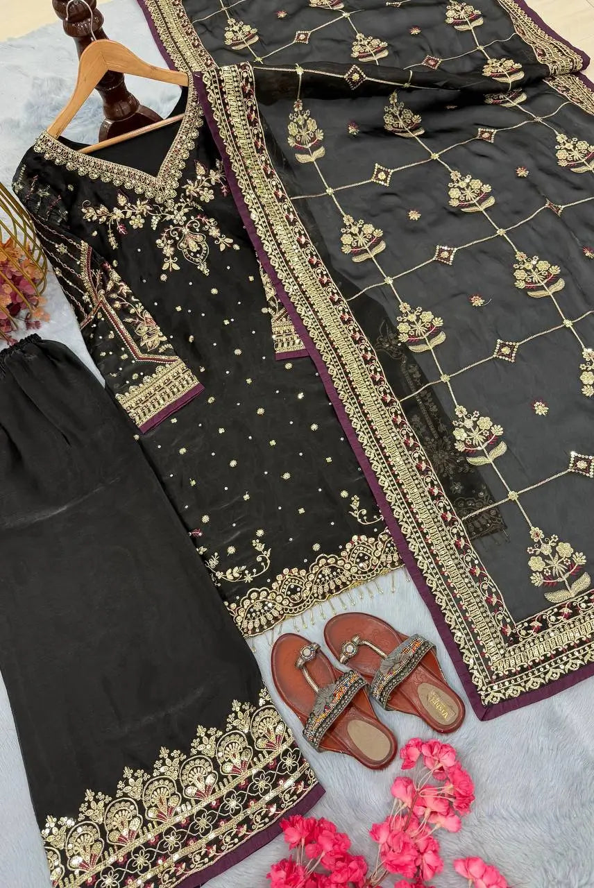 Organza Silk Embroidered Kurta Palazzo Suit Set