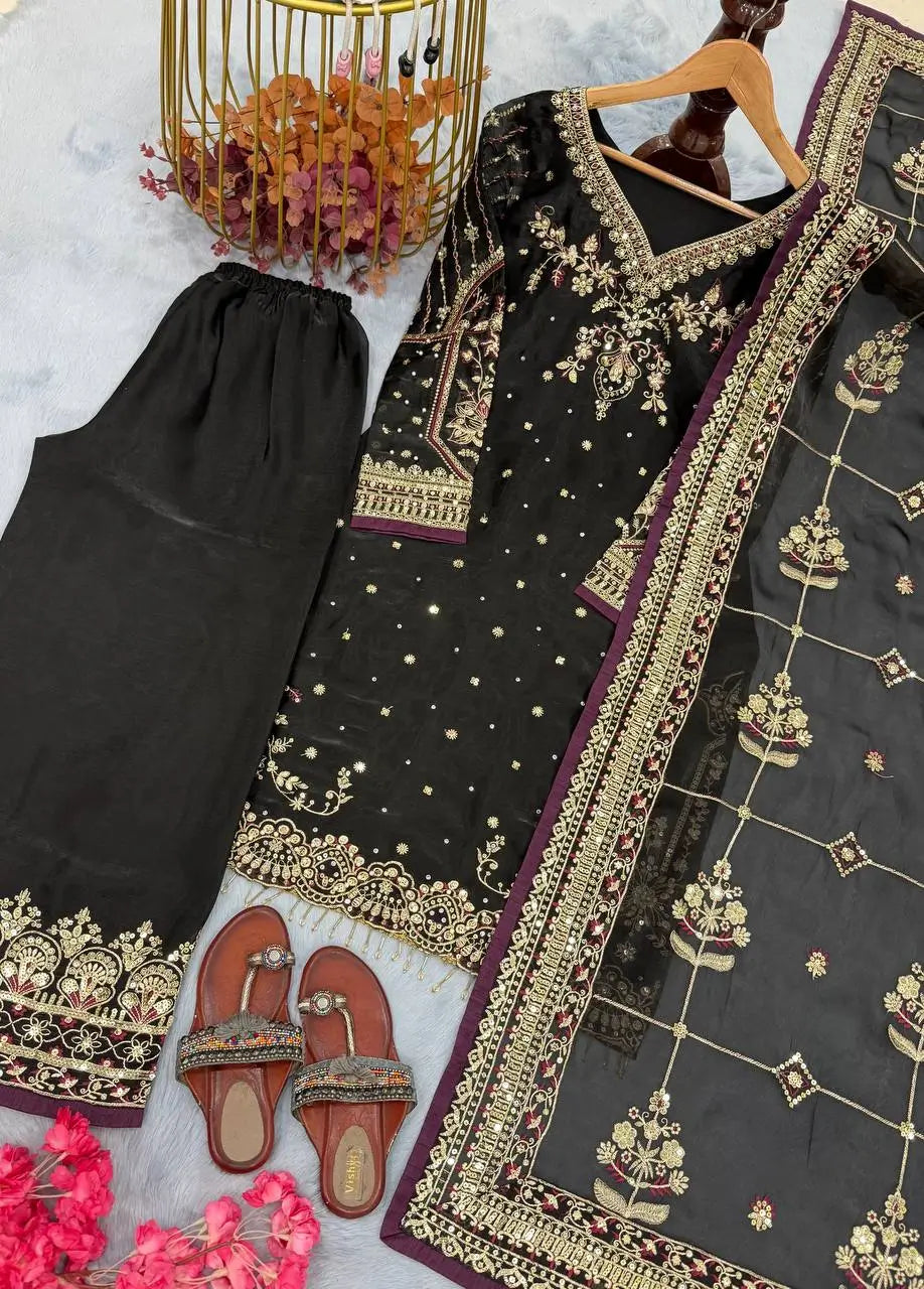Organza Silk Embroidered Kurta Palazzo Suit Set