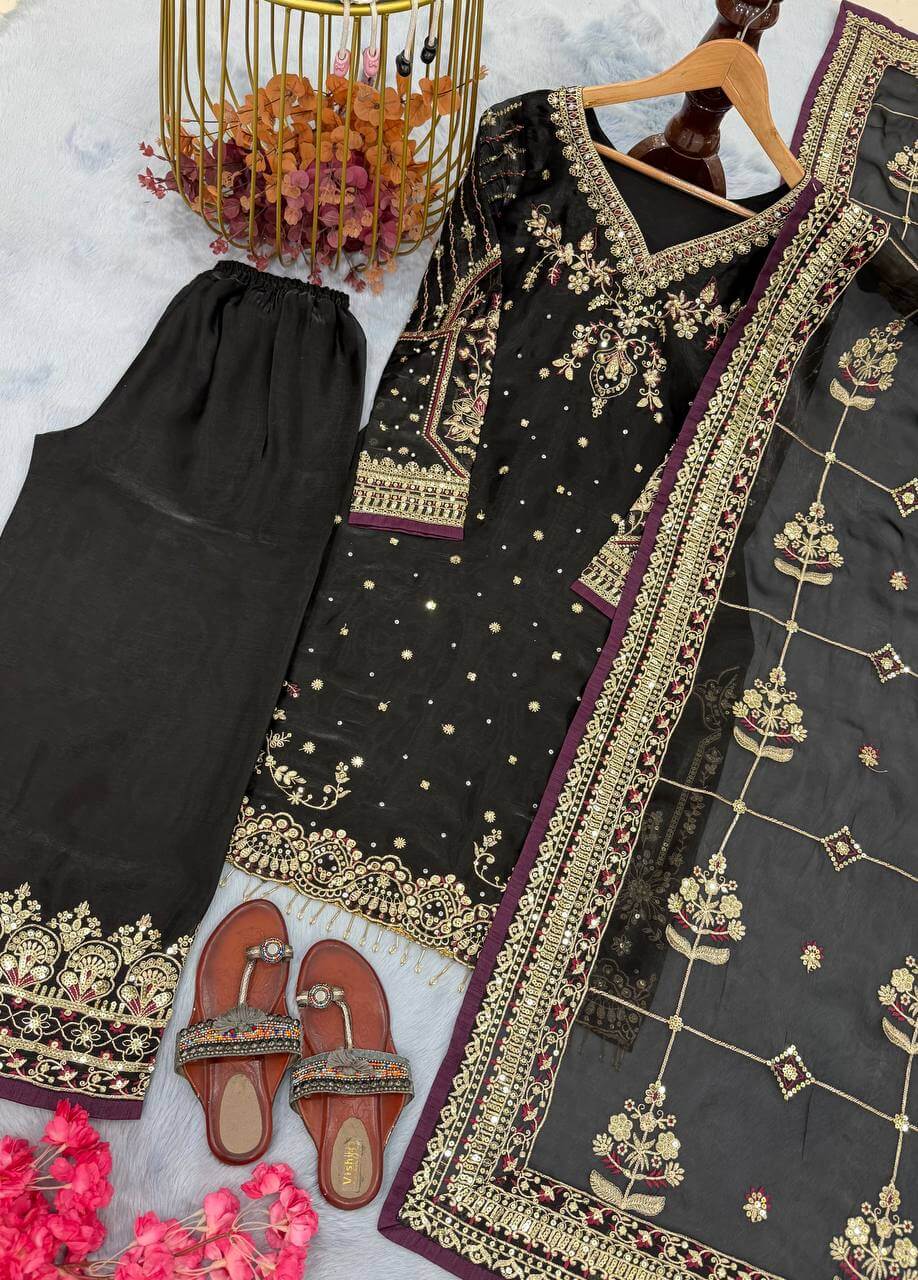 Organza Silk Embroidered Kurta Palazzo Suit Set