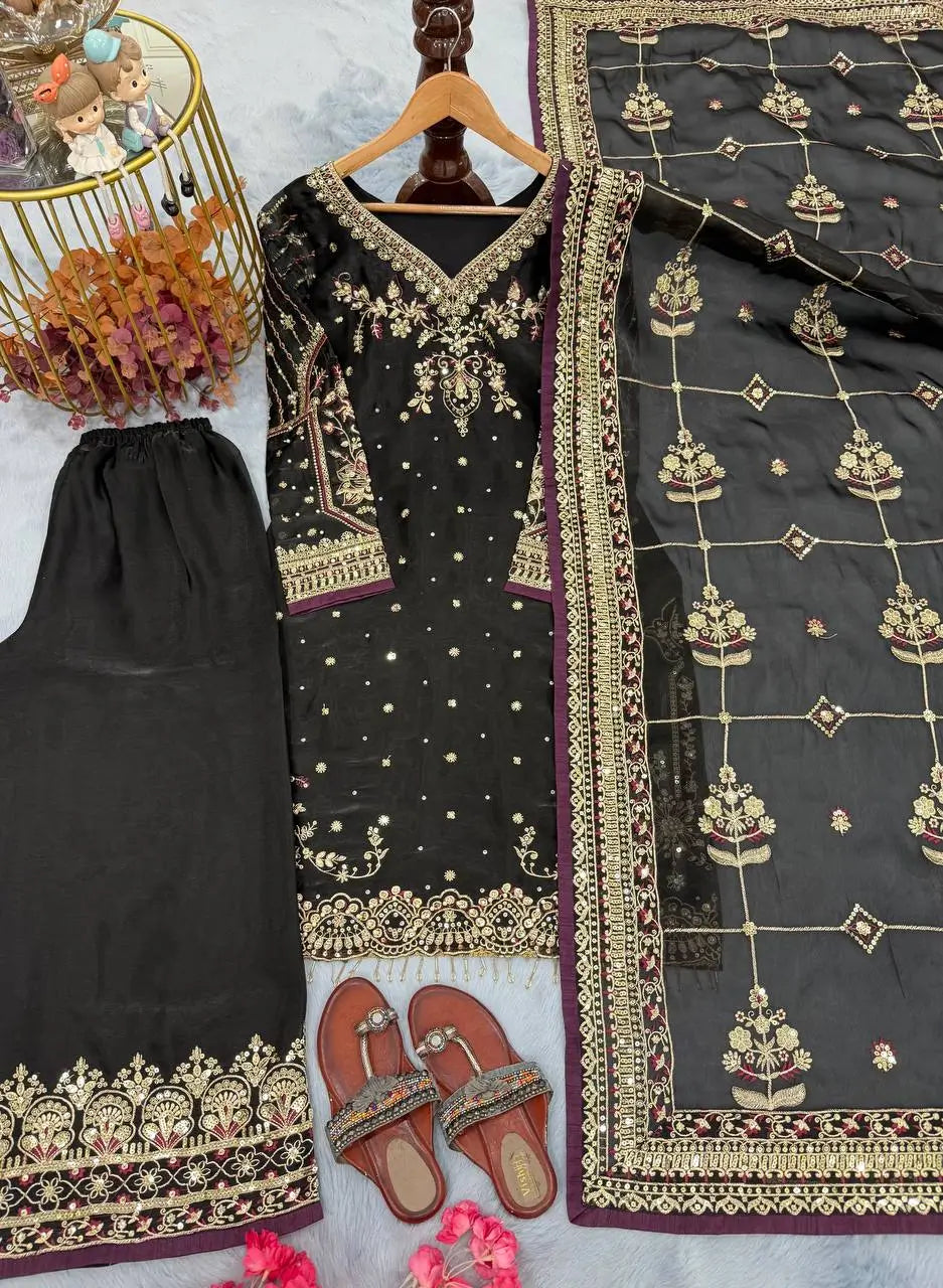 Organza Silk Embroidered Kurta Palazzo Suit Set