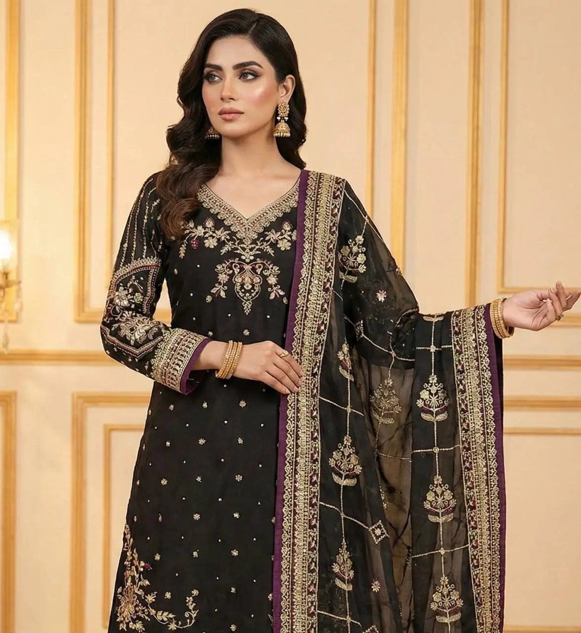 Organza Silk Embroidered Kurta Palazzo Suit Set