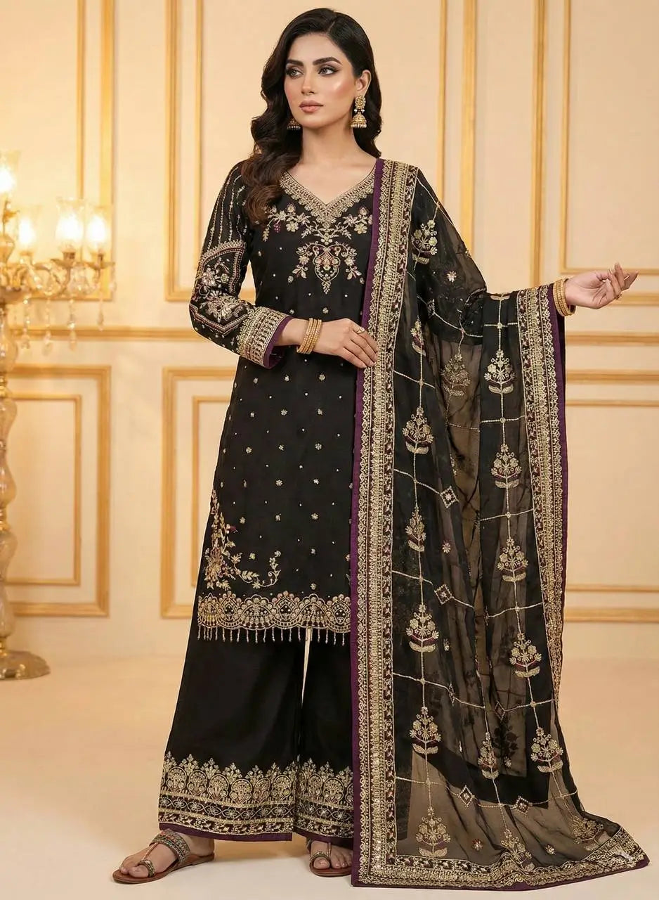 Organza Silk Embroidered Kurta Palazzo Suit Set