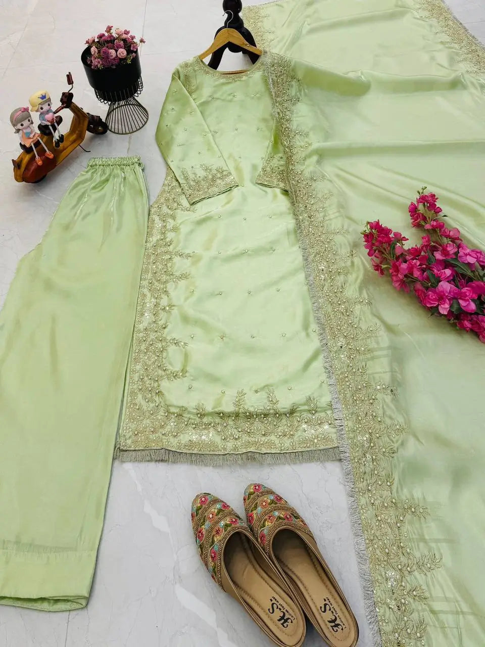 Organza Silk Embroidered Palazzo Suit Set