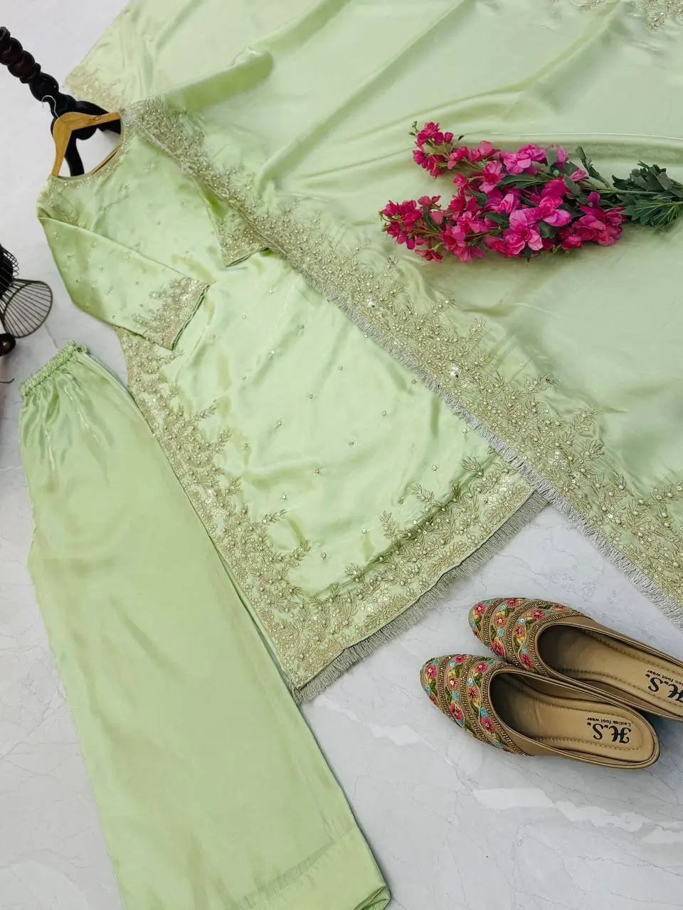 Organza Silk Embroidered Palazzo Suit Set