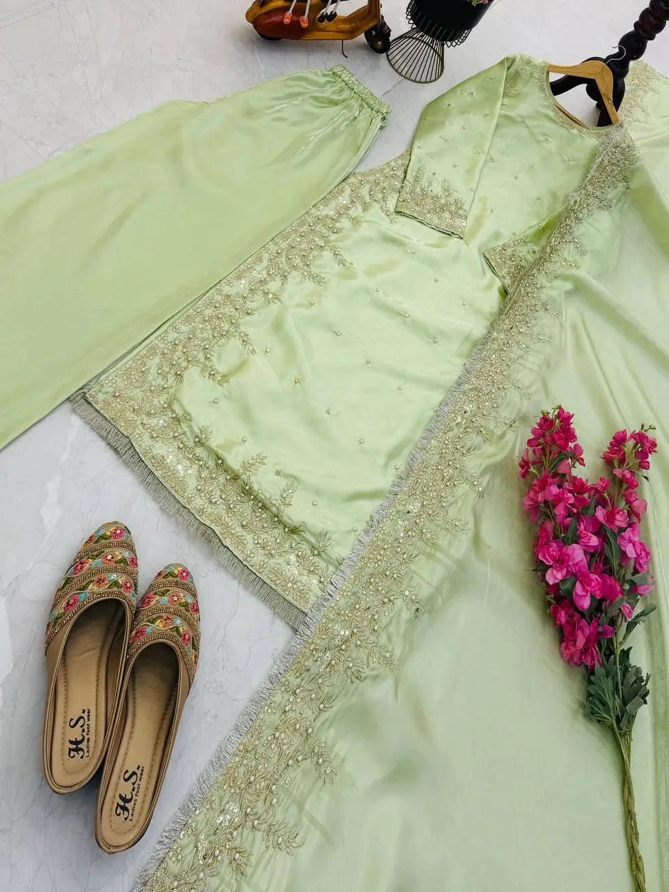 Organza Silk Embroidered Palazzo Suit Set