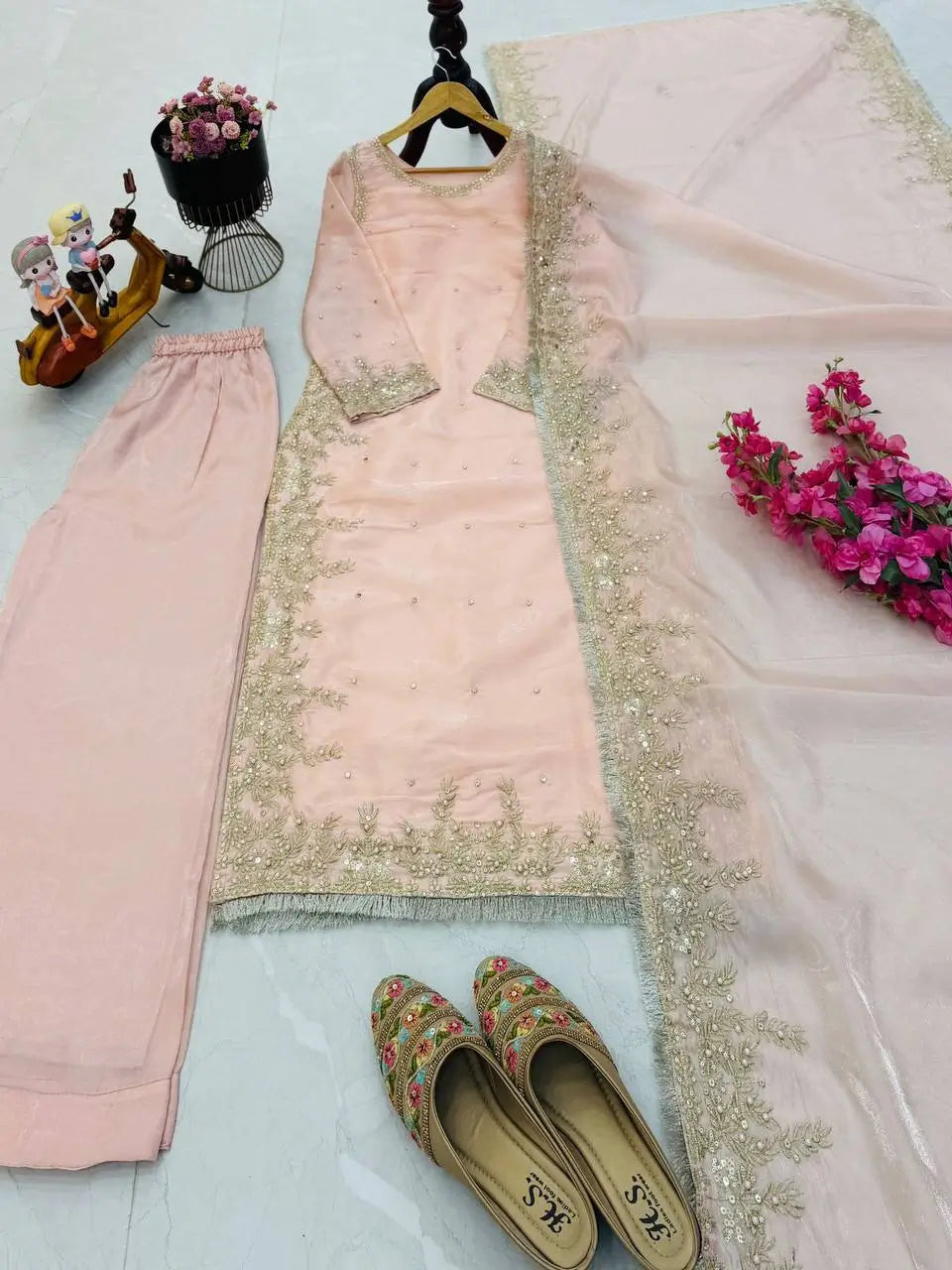 Organza Silk Embroidered Palazzo Suit Set