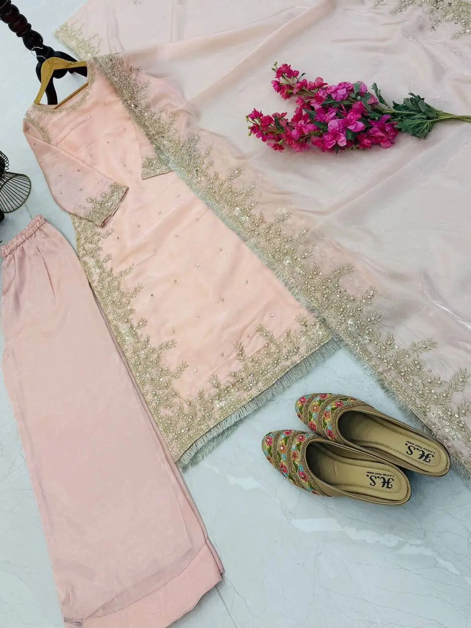 Organza Silk Embroidered Palazzo Suit Set