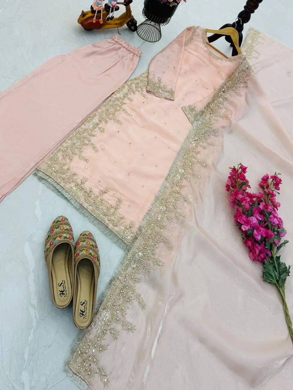 Organza Silk Embroidered Palazzo Suit Set