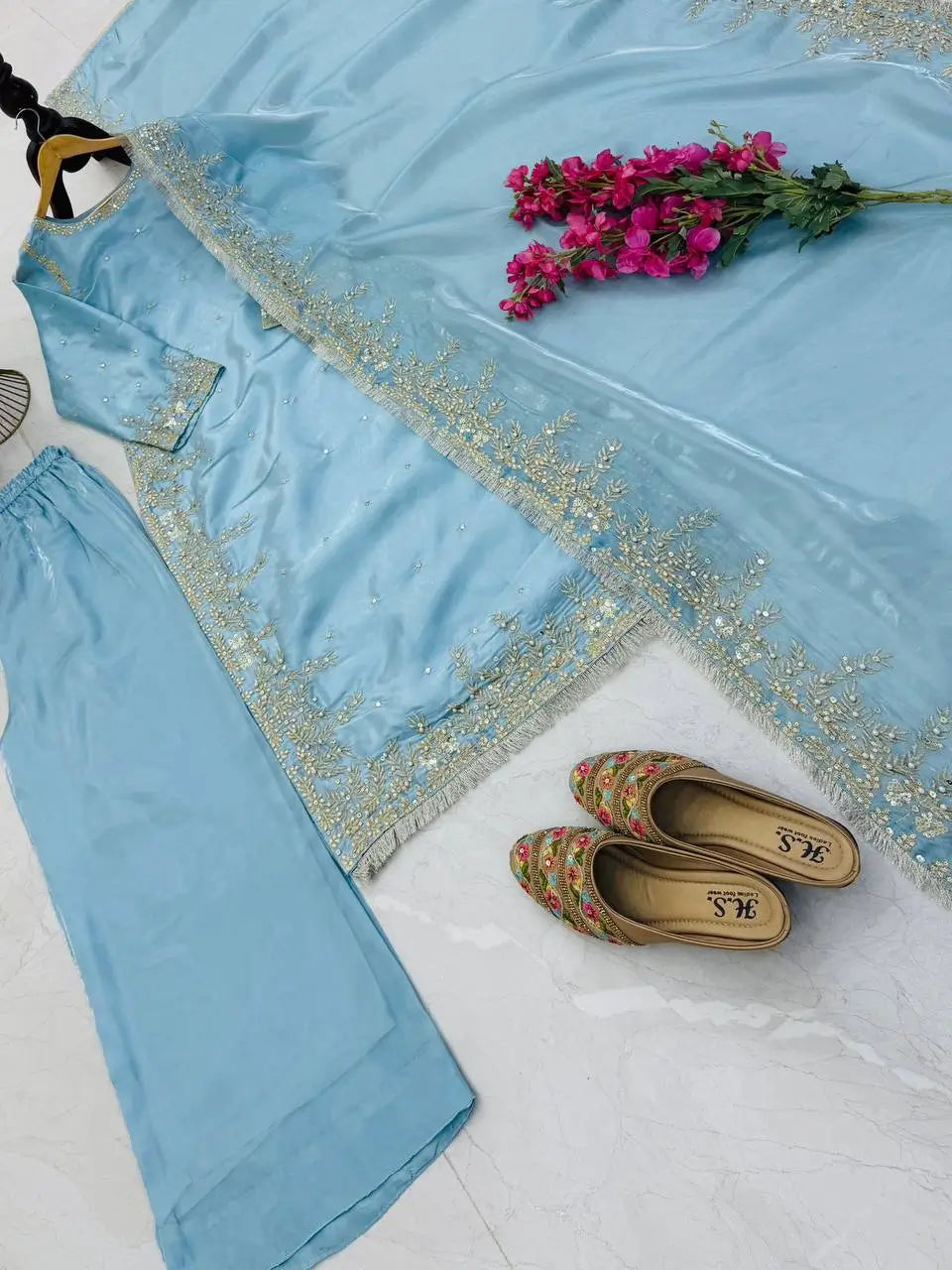 Organza Silk Embroidered Palazzo Suit Set