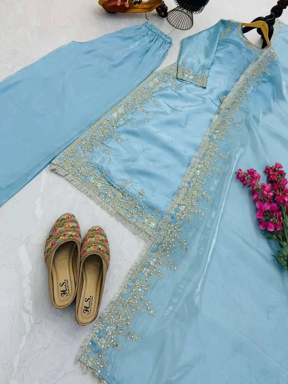 Organza Silk Embroidered Palazzo Suit Set