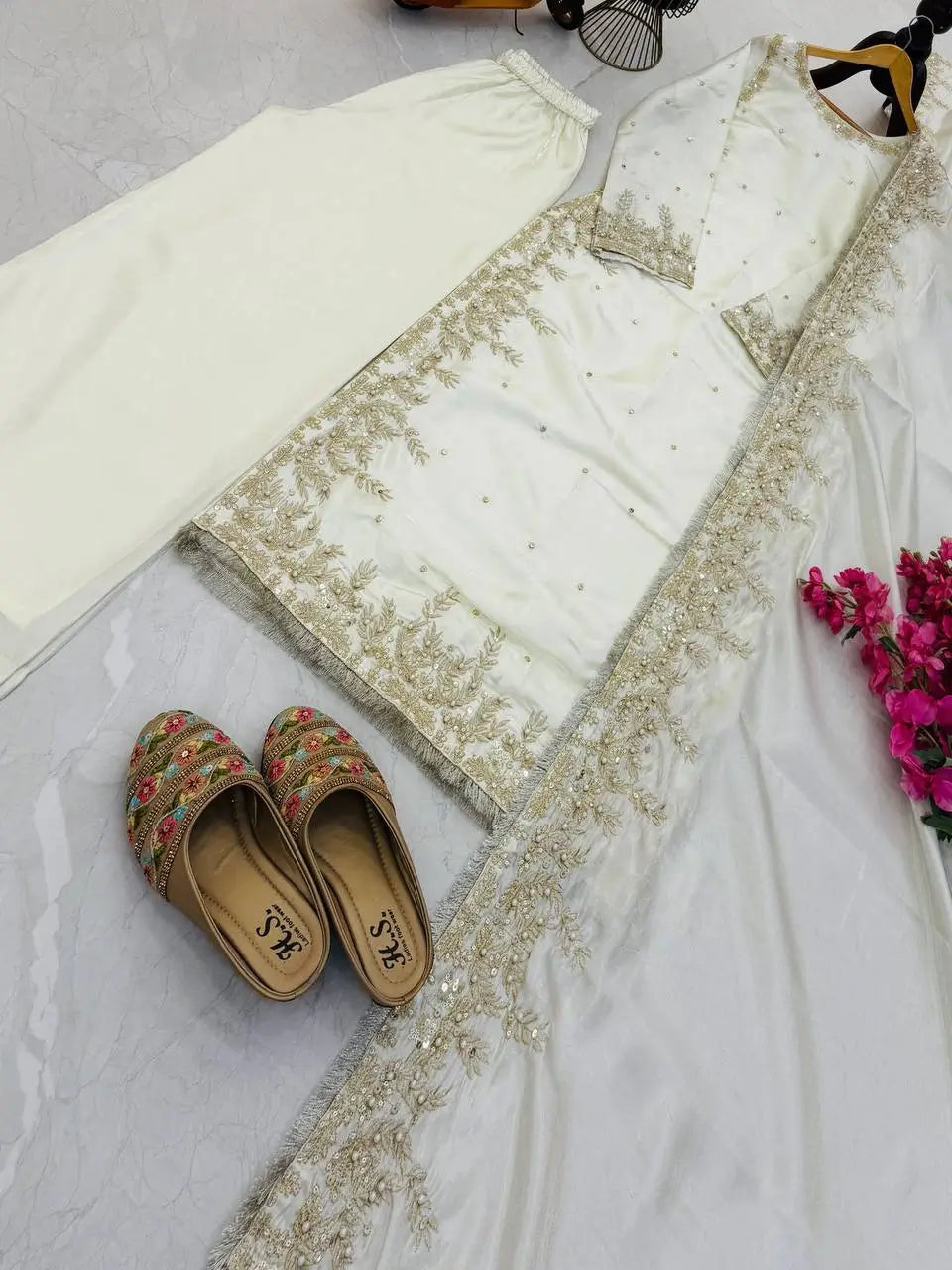 Organza Silk Embroidered Palazzo Suit Set