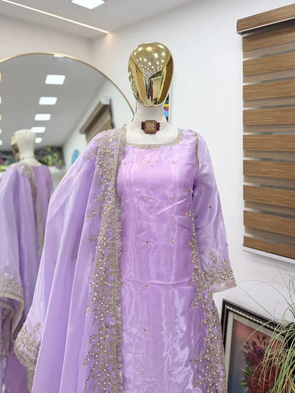 Organza Silk Embroidered Palazzo Suit Set