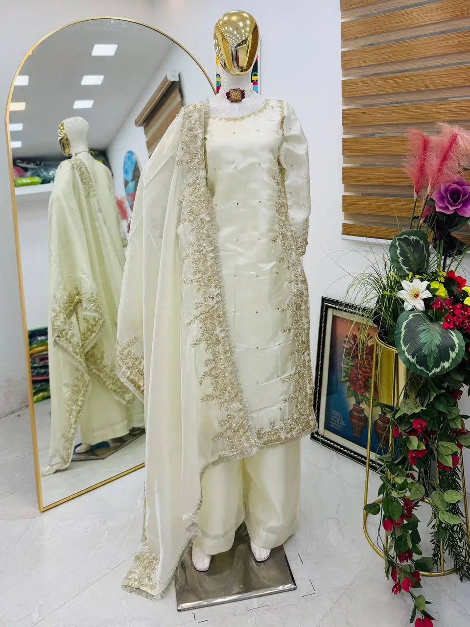 Organza Silk Embroidered Palazzo Suit Set