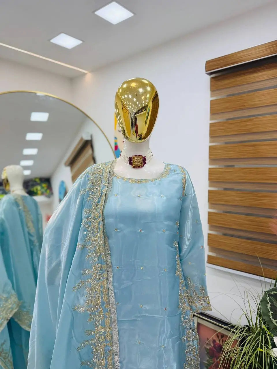 Organza Silk Embroidered Palazzo Suit Set