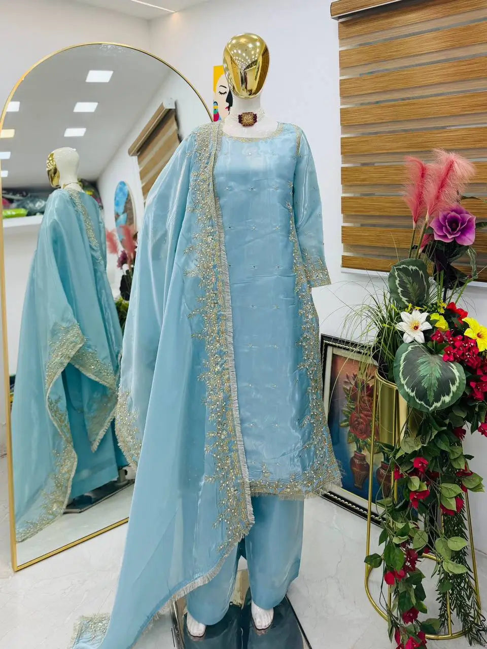 Organza Silk Embroidered Palazzo Suit Set